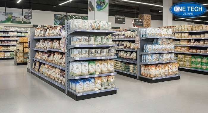 Sơ đồ luồng đi và vị trí đặt kệ trưng bày gạo hợp lý