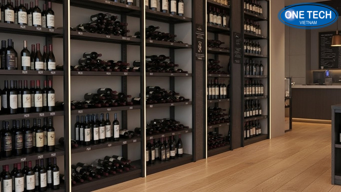 Sơ đồ tuyến trưng bày rượu áp tường trung tâm và khu vực quầy thu ngân