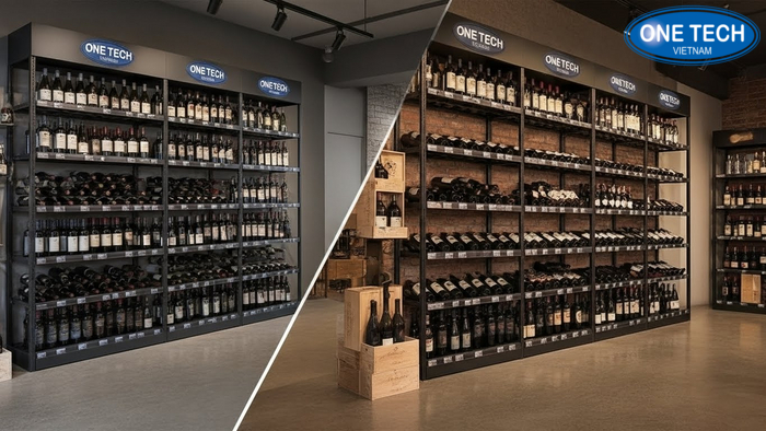 Minh họa layout kệ rượu phương án tiết kiệm và phương án premium