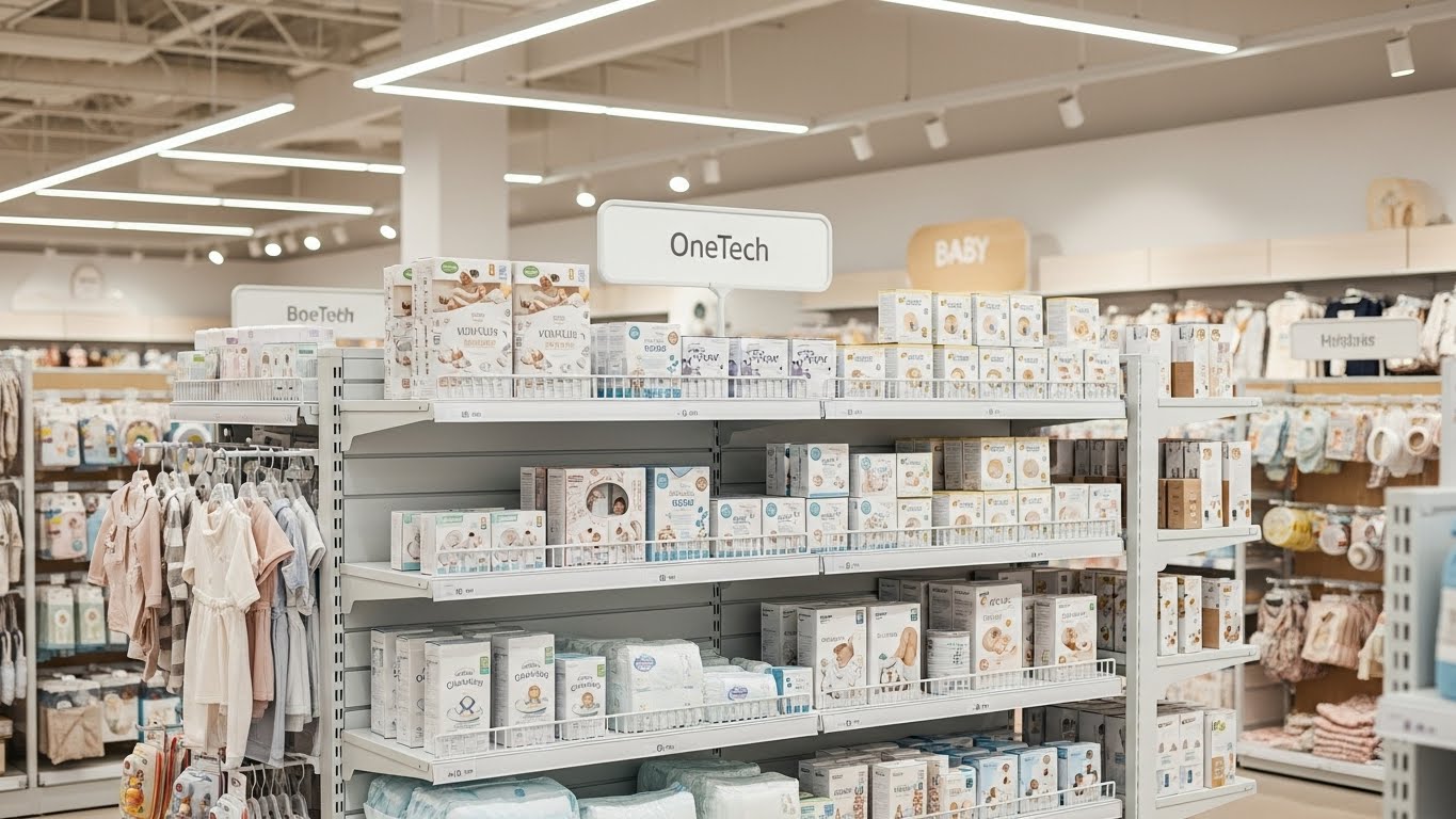 Đặc điểm nổi bật của kệ trưng bày đồ sơ sinh Mẫu kệ trưng bày đồ sơ sinh với thiết kế bo tròn an toàn và màu sắc tươi sáng