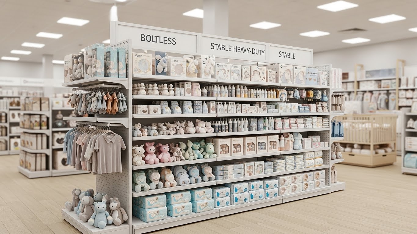 Phân loại kệ trưng bày đồ sơ sinh theo chất liệu Sự kết hợp giữa kệ gỗ và kệ sắt trong không gian trưng bày đồ sơ sinh