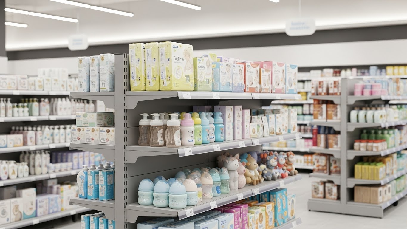 Cách bố trí kệ trưng bày đồ sơ sinh tối ưu Sơ đồ bố trí kệ trưng bày khoa học tạo lối đi thông thoáng cho khách hàng