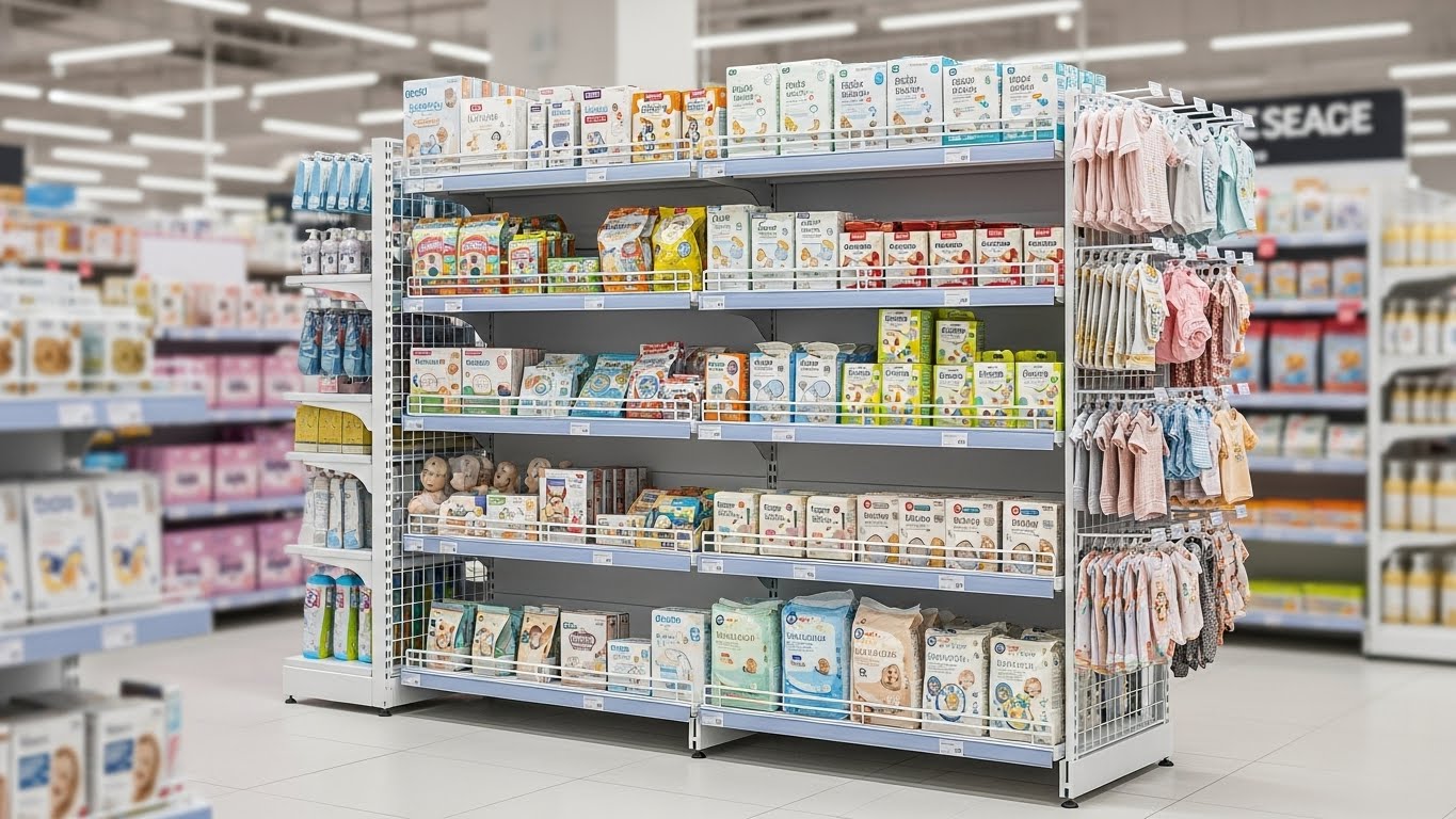 OneTech Group cung cấp kệ trưng bày đồ sơ sinh chất lượng Đội ngũ kỹ thuật OneTech đang lắp đặt kệ trưng bày cho cửa hàng mẹ và bé tại Hưng Yên