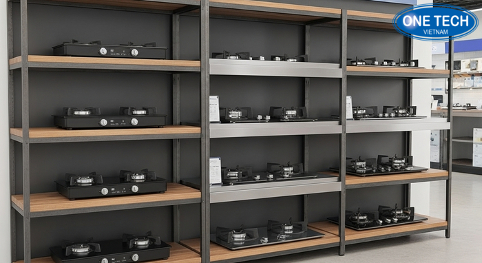 Minh họa vật liệu kệ bếp gas: sắt sơn tĩnh điện, inox và gỗ công nghiệp