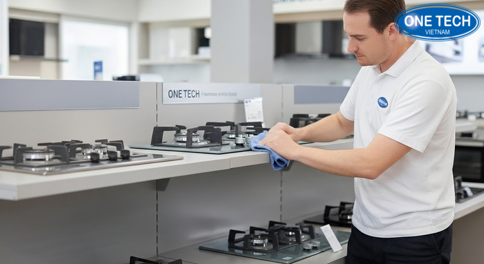 Minh họa vệ sinh và bảo trì kệ trưng bày bếp gas để tăng tuổi thọ