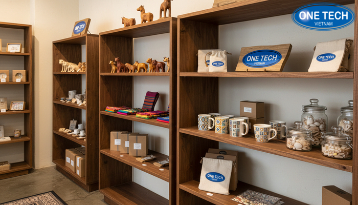 Ảnh kệ gỗ vintage kiểu dáng đa dạng cho cửa hàng đồ lưu niệm