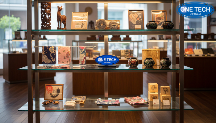 Hình ảnh kệ kính cường lực với đèn led tôn vinh sản phẩm