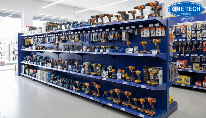 Kệ trưng bày máy khoan OneTech Group thực tế Ảnh thực tế kệ trưng bày máy khoan tại điểm bán