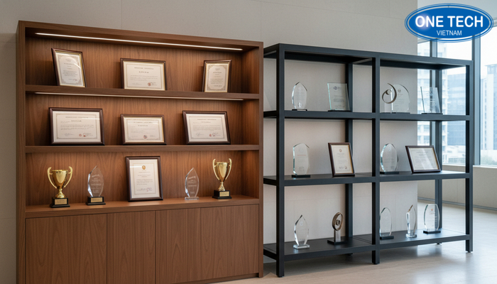 So sánh kệ trưng bày bằng khen theo vật liệu và tính năng Bảng so sánh các loại kệ trưng bày bằng khen phổ biến