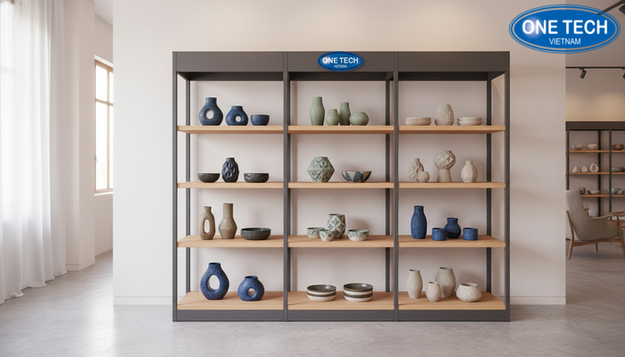 Hiệu quả trước và sau khi dùng kệ trưng bày gốm sứ So sánh trước và sau khi dùng kệ trưng bày gốm sứ chuyên dụng