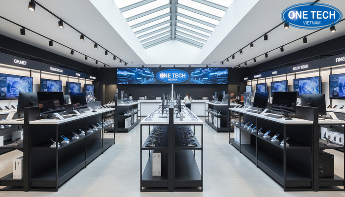 Bố trí kệ siêu thị điện tử điện lạnh Ví dụ bố trí kệ trong siêu thị điện tử điện lạnh với lối đi thoáng