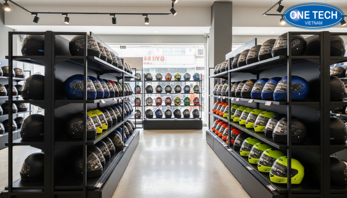 Minh họa bố trí kệ để mũ bảo hiểm trong cửa hàng giúp khách dễ chọn