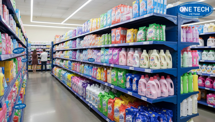 Bố trí khu hàng giặt tẩy với kệ trưng bày nước giặt Bố trí khu hàng giặt tẩy gọn gàng nhờ kệ trưng bày nước giặt