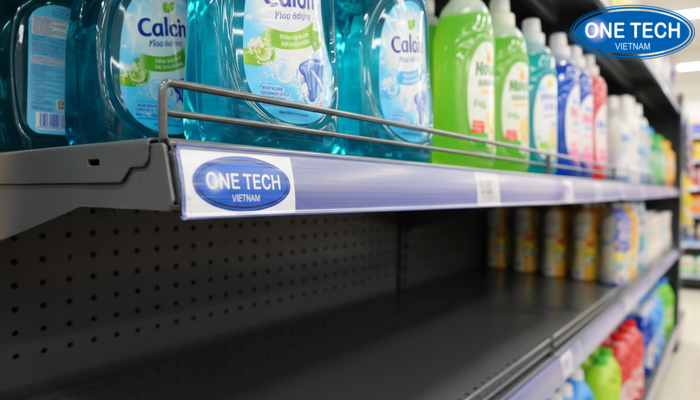 Thiết kế chịu lực kệ trưng bày nước giặt Chi tiết khay đỡ chống trượt và gân tăng cứng của kệ trưng bày nước giặt