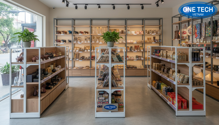 Cửa hàng quà lưu niệm tiêu chuẩn với lối đi và kệ trưng bày hợp lý