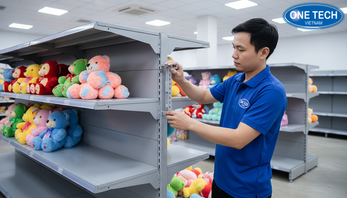 Ky thuat vien lap dat ke trung bay tai cua hang