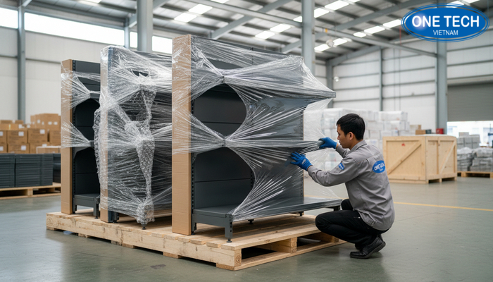 Đóng gói kệ trưng bày dầu nhớt trước khi giao