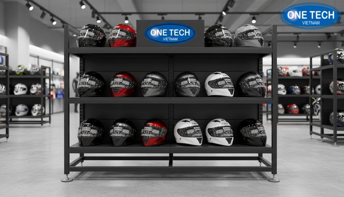 Góc nhìn thiết kế kệ để mũ bảo hiểm phù hợp thẩm mỹ cửa hàng
