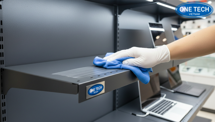 Minh họa các bước vệ sinh kệ trưng bày laptop đúng cách