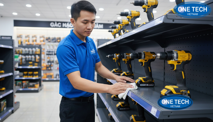 Vệ sinh kệ trưng bày máy khoan đúng cách Các bước vệ sinh kệ trưng bày máy khoan bằng khăn mềm