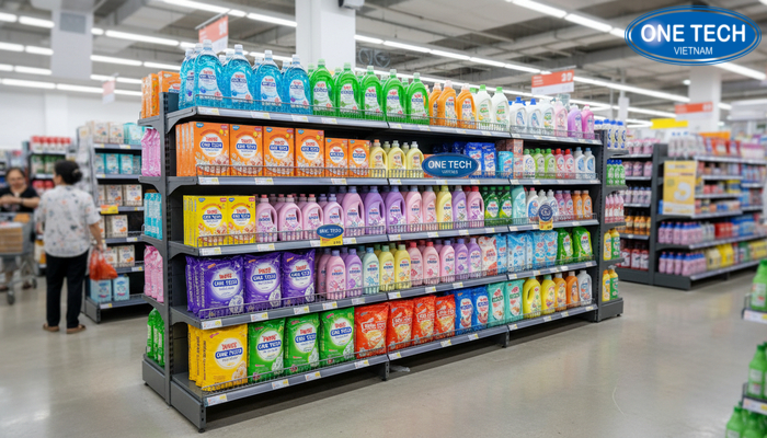 Kệ đa năng cho khu giặt tẩy Kệ đa năng trưng bày nước giặt bột giặt và nước xả vải