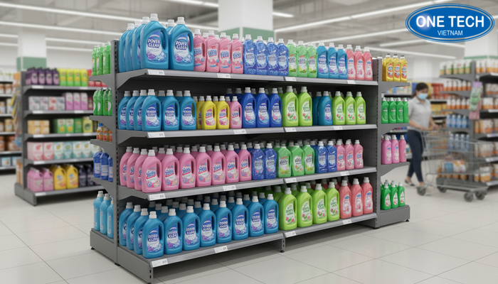 Kệ đầu dãy trưng bày nước giặt Kệ đầu dãy trưng bày nước giặt tạo điểm nhấn khuyến mãi