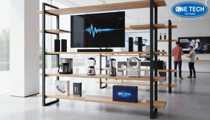 Kệ gỗ khung sắt trưng bày đồ điện Kệ gỗ khung sắt sang trọng cho showroom trưng bày đồ điện gia dụng
