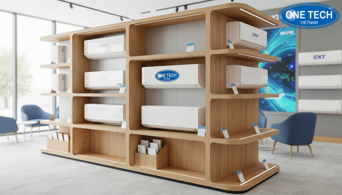 Kệ gỗ MDF phủ melamine chống ẩm trưng bày điều hoà hiện đại