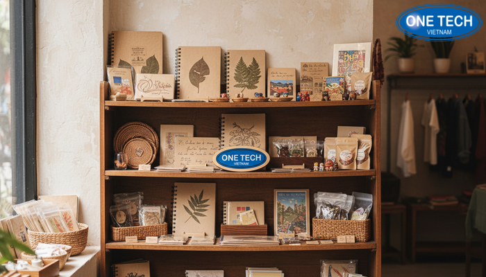 Kệ gỗ vintage trưng bày quà tặng và đồ lưu niệm