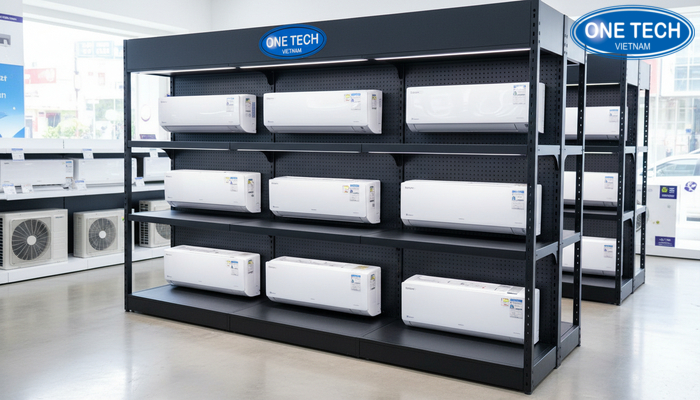 Kệ trưng bày điều hoà khung thép chịu lực lưng lưới có đèn chiếu sáng