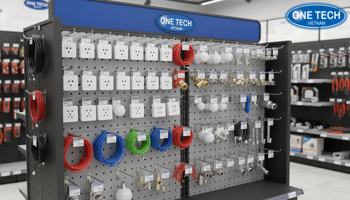 Kệ móc treo phụ kiện điện nước Kệ móc treo chuyên dụng cho ổ cắm, dây điện, bóng đèn và phụ kiện điện nước