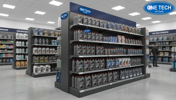 Kệ POSM trưng bày dầu nhớt tích hợp khu vực nhận diện thương hiệu