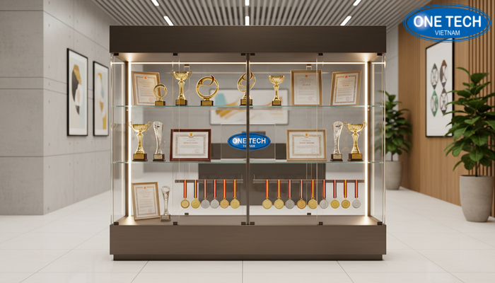Mẫu kệ trưng bày bằng khen đa dạng kiểu dáng Các mẫu kệ trưng bày bằng khen dạng kệ đứng, kệ âm tường, tủ kính có đèn LED