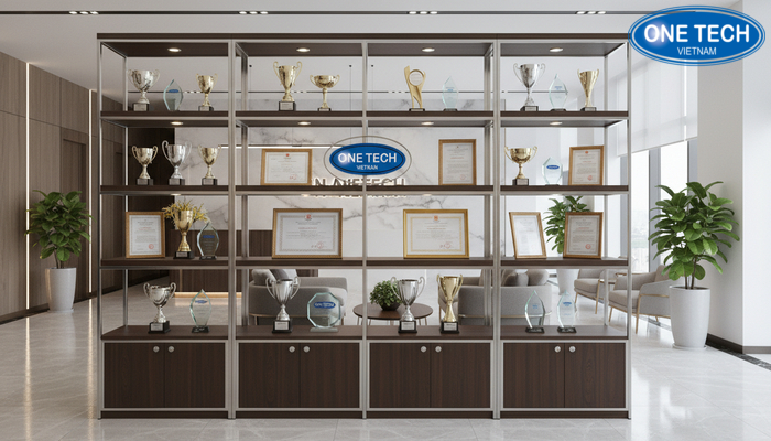 Kệ trưng bày bằng khen tại sảnh tiếp khách Kệ trưng bày bằng khen đặt tại sảnh tiếp khách doanh nghiệp