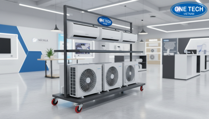 Kệ trưng bày điều hoà có bánh xe chịu tải và khóa bánh an toàn