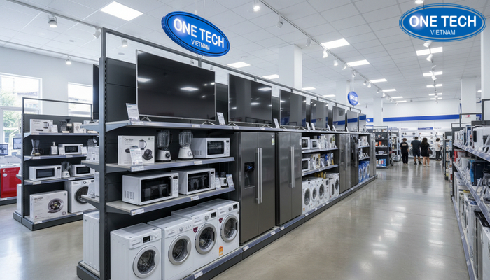 Kệ trưng bày đồ điện bố trí tổng quan Tổng quan kệ trưng bày đồ điện trong không gian siêu thị điện máy