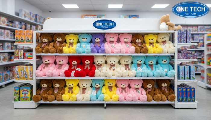 Ke trung bay gau bong sap xep ngan nap theo mau va size