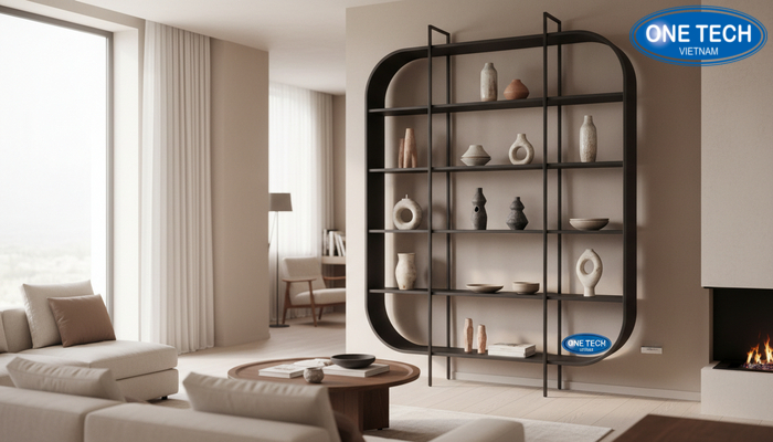 Kệ trưng bày gốm sứ trong phòng khách gia đình Kệ trưng bày gốm sứ trong không gian gia đình