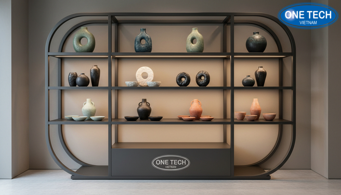 Kệ trưng bày gốm sứ tích hợp đèn LED Mẫu kệ trưng bày gốm sứ tích hợp đèn LED