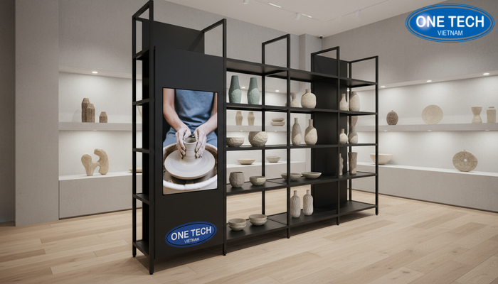 Kệ trưng bày gốm sứ hiện đại với smart display Kệ trưng bày gốm sứ kết hợp smart display