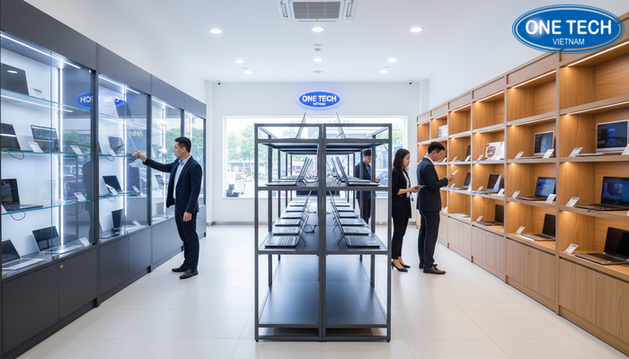 Các kiểu kệ trưng bày laptop phổ biến trong cửa hàng và showroom