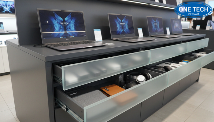 Kệ trưng bày laptop kết hợp ngăn kéo lưu trữ phụ kiện máy tính