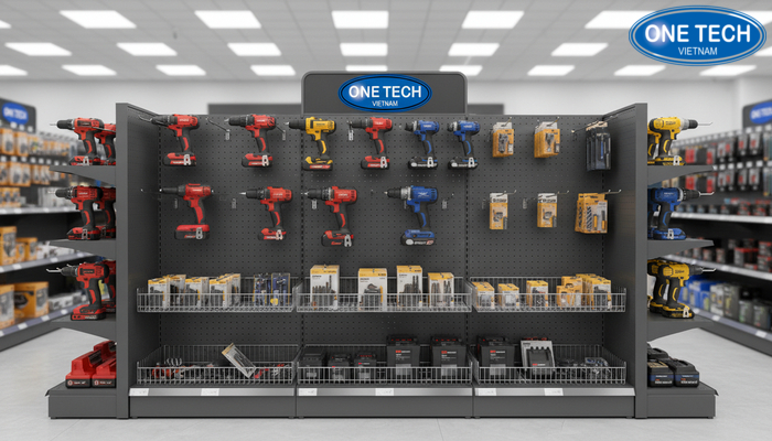 Cửa hàng dụng cụ bố trí kệ trưng bày máy khoan khoa học So sánh cửa hàng dụng cụ trước và sau khi dùng kệ trưng bày máy khoan