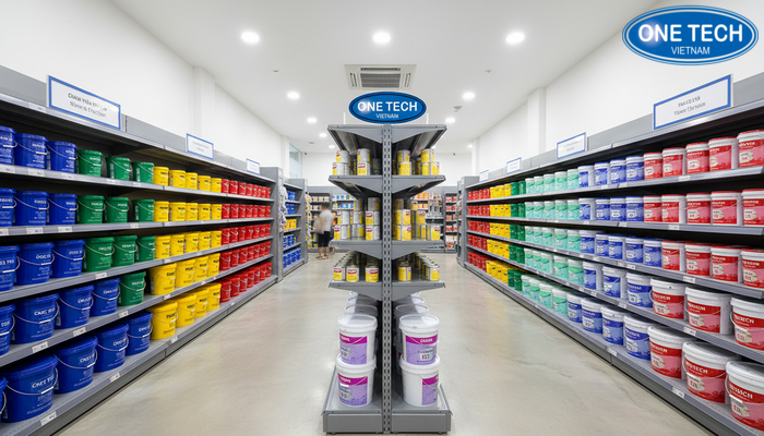 Tổng quan kệ trưng bày sơn nước trong cửa hàng