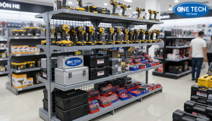 Kệ V lỗ linh hoạt cho kệ trưng bày máy khoan Kệ V lỗ điều chỉnh tầng mâm cho trưng bày máy khoan