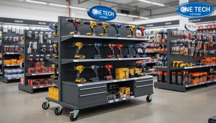 Kệ xe đẩy linh hoạt cho trưng bày máy khoan Kệ trưng bày máy khoan dạng xe đẩy có bánh xe khóa chặn