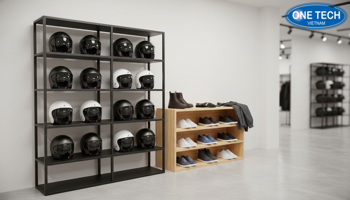 Kết hợp kệ để mũ bảo hiểm với kệ giày gỗ đa năng tạo không gian trưng bày đồng bộ