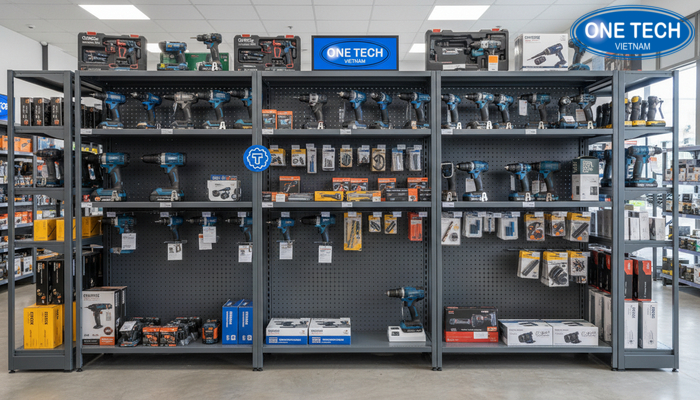 Lợi ích kệ trưng bày máy khoan trong kinh doanh Không gian trưng bày máy khoan chuyên nghiệp với kệ treo và kệ đứng