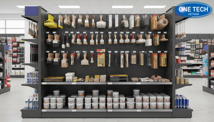 Khu phụ kiện sơn dùng kệ lưng tôn đột lỗ để treo hàng