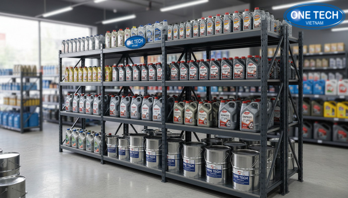 Minh họa phân tầng kệ theo kích thước chai dầu nhớt 0.5L, 1L, 4L, 18L